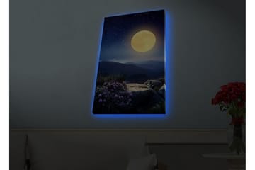 Lerretsbilde med LED-belysning - Storslått måne over et fjernt fjellandskap med blomster i forgrunnen - Mørk blå / Gul / Lilla - Interiør - Maleri & posters - Lerretsbilder