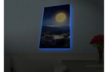 Lerretsbilde med LED-belysning - Storslått måne over et fjernt fjellandskap med blomster i forgrunnen - Mørk blå / Gul / Lilla - Interiør - Maleri & posters - Lerretsbilder