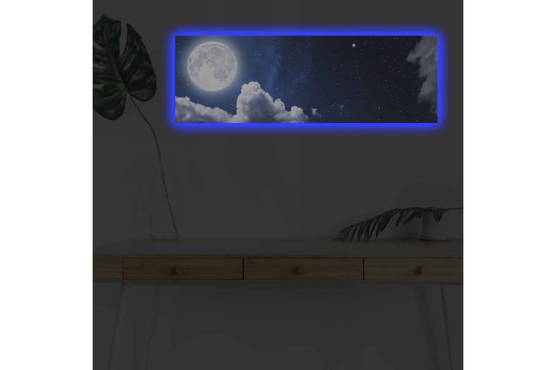 Lerretsbilde med LED-belysning - Storslått måne som skinner over en stjerneklar himmel med skyer, Mørk blå / Hvit / Grå