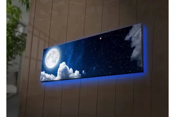 Lerretsbilde med LED-belysning - Storslått måne som skinner over en stjerneklar himmel med skyer - Mørk blå / Hvit / Grå - Interiør - Maleri & posters - Lerretsbilder