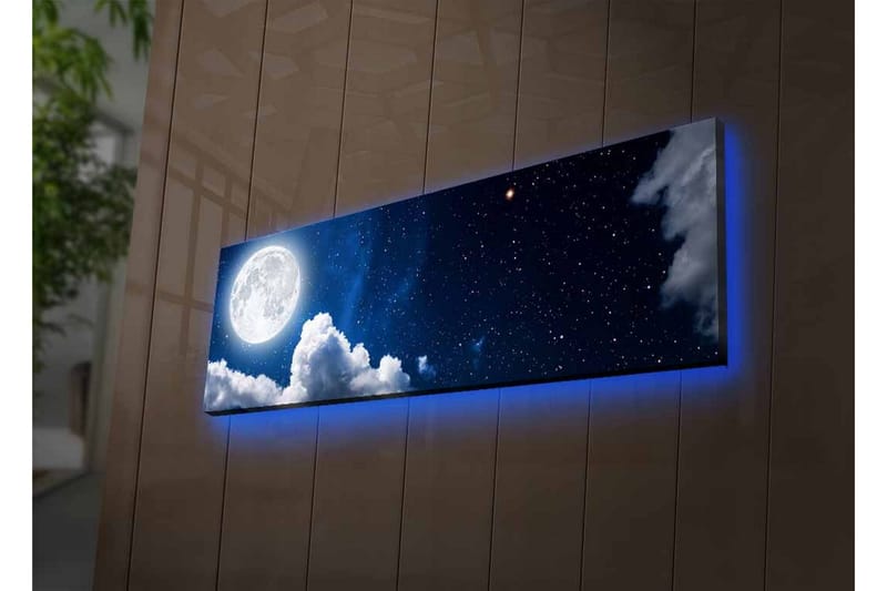 Lerretsbilde med LED-belysning - Storslått måne som skinner over en stjerneklar himmel med skyer - Mørk blå / Hvit / Grå - Interiør - Maleri & posters - Lerretsbilder