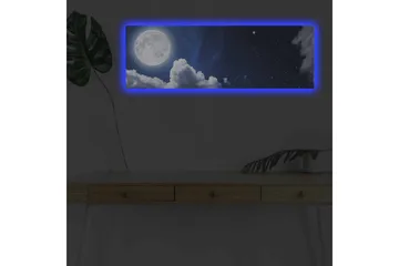Lerretsbilde med LED-belysning - Storslått måne som skinner over en stjerneklar himmel med skyer - Mørk blå / Hvit / Grå - Interiør - Maleri & posters - Lerretsbilder