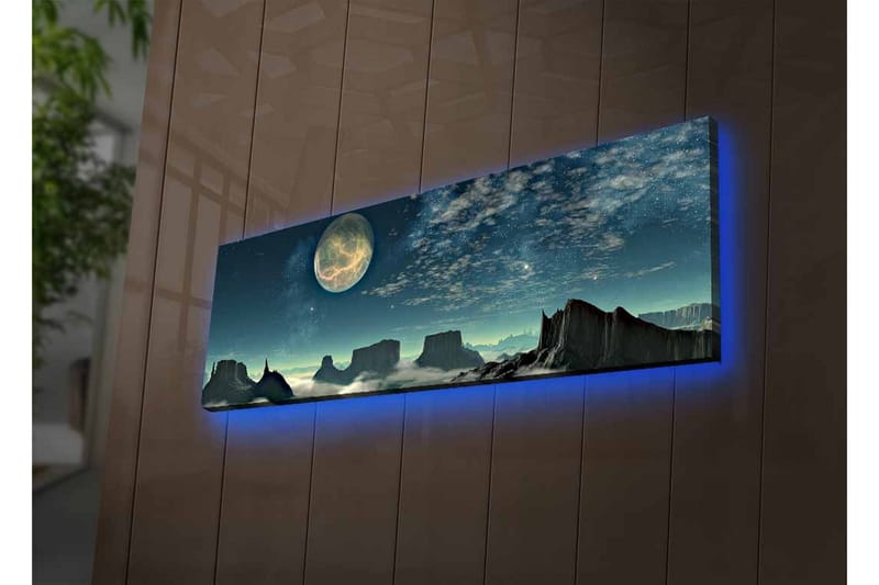 Lerretsbilde med LED-belysning - Storslått nattlandskap med en stor måne og dramatiske fjellformasjoner - Mørk blå / Grå / Svart - Interiør - Maleri & posters - Lerretsbilder