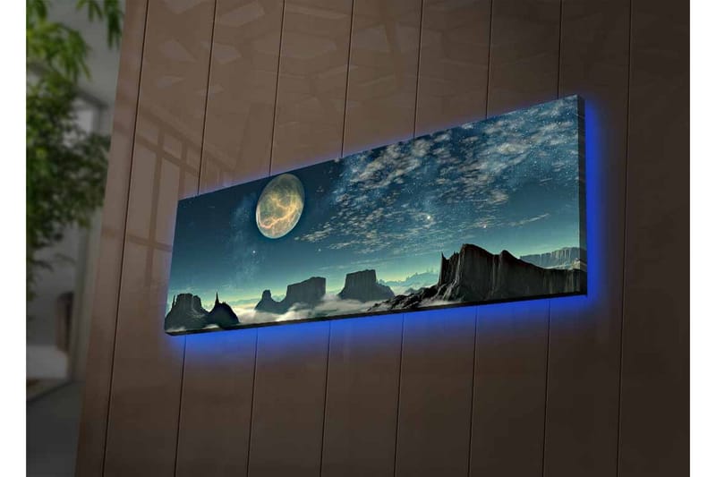 Lerretsbilde med LED-belysning - Storslått nattlandskap med en stor måne og dramatiske fjellformasjoner - Mørk blå / Grå / Svart - Interiør - Maleri & posters - Lerretsbilder