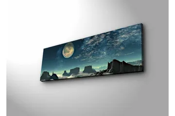 Lerretsbilde med LED-belysning - Storslått nattlandskap med en stor måne og dramatiske fjellformasjoner - Mørk blå / Grå / Svart - Interiør - Maleri & posters - Lerretsbilder