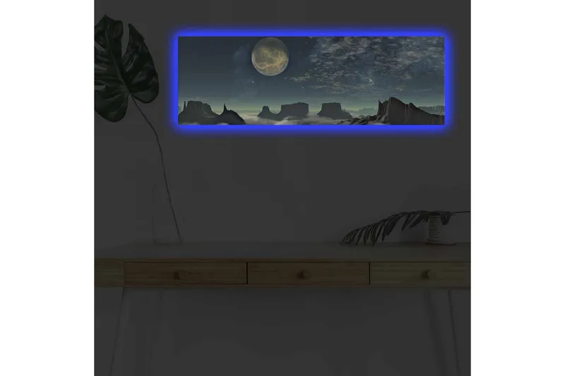Lerretsbilde med LED-belysning - Storslått nattlandskap med en stor måne og dramatiske fjellformasjoner, Mørk blå / Grå / Svart