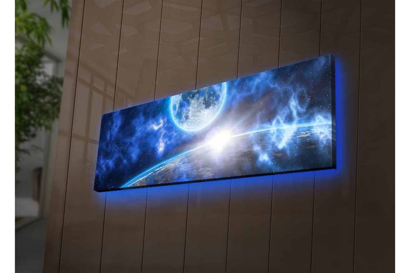 Lerretsbilde med LED-belysning - Storslått romscene med en planet og en måne - Mørk blå / Lys blå / Hvit - Interiør - Maleri & posters - Lerretsbilder