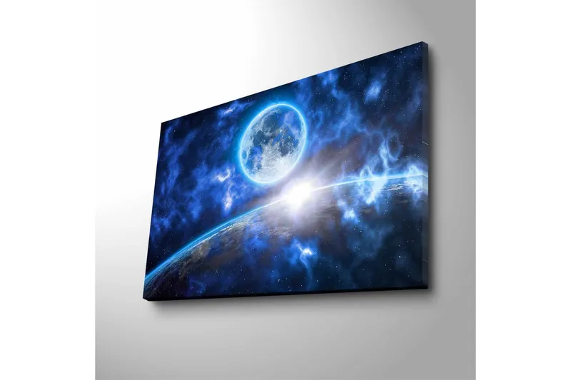 Lerretsbilde med LED-belysning - Storslått romscene med en planet og en måne i fokus - Mørk blå / Lys blå / Hvit - Interiør - Maleri & posters - Lerretsbilder
