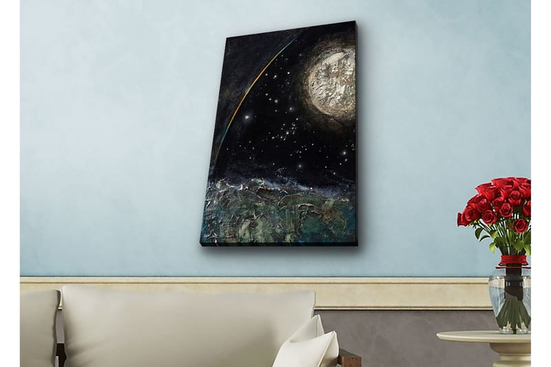 Lerretsbilde med LED-belysning - Storslått romscene med en planet og stjerner, Mørk blå / Grønn / Hvit