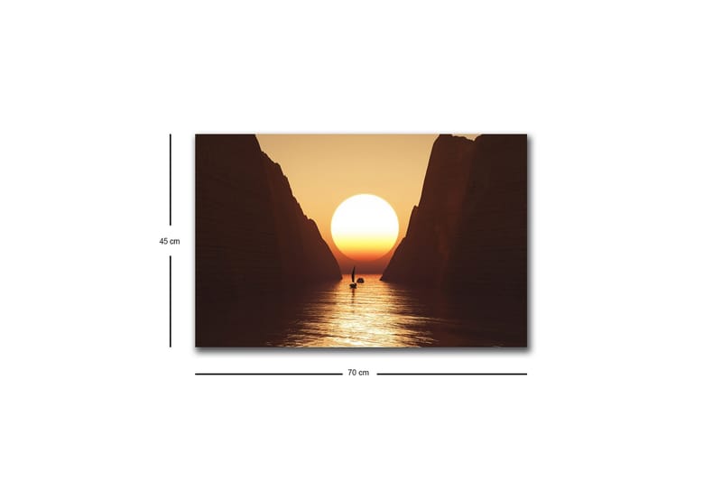 Lerretsbilde med LED-belysning - Storslått solnedgang over en smal fjord med en seilbåt i silhuett - Oransje / Brun / Gull - Interiør - Maleri & posters - Lerretsbilder
