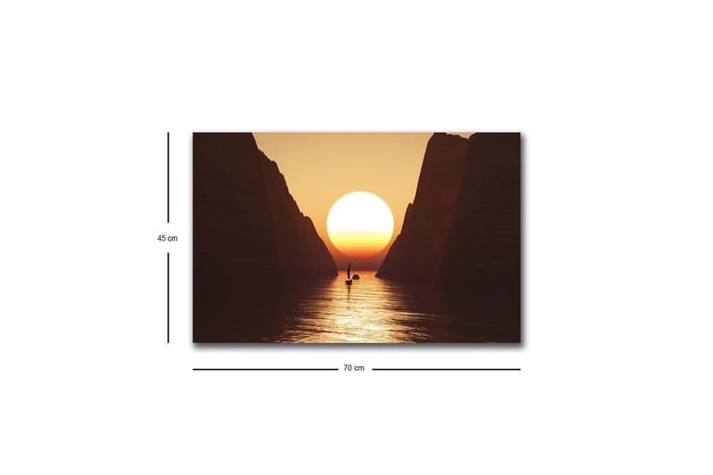 Lerretsbilde med LED-belysning - Storslått solnedgang over en smal fjord med en seilbåt i silhuett - Oransje / Brun / Gull - Interiør - Maleri & posters - Lerretsbilder