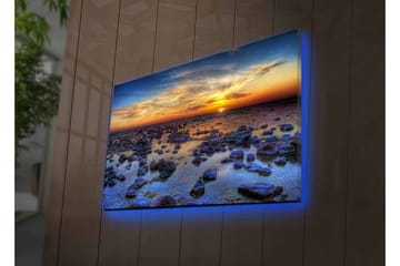 Lerretsbilde med LED-belysning - Storslått solnedgang over en steinete kystlinje - Mørk blå / Oransje / Lys blå - Interiør - Maleri & posters - Lerretsbilder