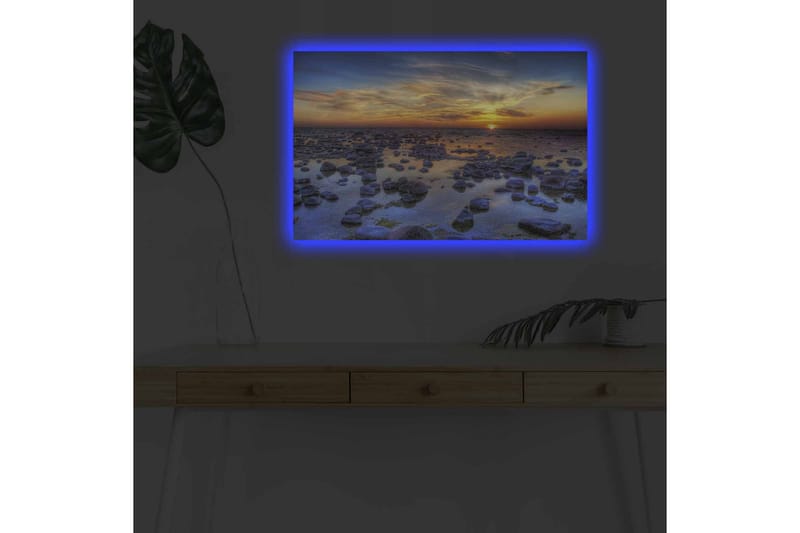 Lerretsbilde med LED-belysning - Storslått solnedgang over en steinete kystlinje - Mørk blå / Oransje / Lys blå - Interiør - Maleri & posters - Lerretsbilder