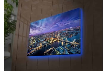 Lerretsbilde med LED-belysning - Storslått utsikt over en by i skumringen med elver og broer - Mørk blå / Lilla / Gyllen - Interiør - Maleri & posters - Lerretsbilder