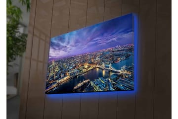 Lerretsbilde med LED-belysning - Storslått utsikt over en by i skumringen med elver og broer - Mørk blå / Lilla / Gyllen - Interiør - Maleri & posters - Lerretsbilder