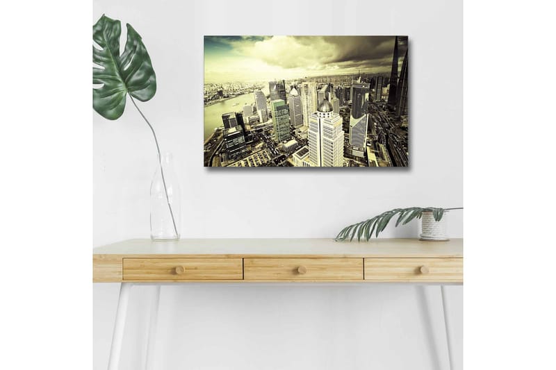 Lerretsbilde med LED-belysning - Storslått utsikt over en by med moderne skyskrapere - Grå / Beige / Svart - Interiør - Maleri & posters - Lerretsbilder