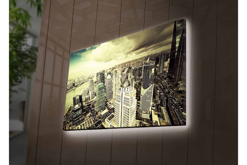 Lerretsbilde med LED-belysning - Storslått utsikt over en by med moderne skyskrapere - Grå / Beige / Svart - Interiør - Maleri & posters - Lerretsbilder