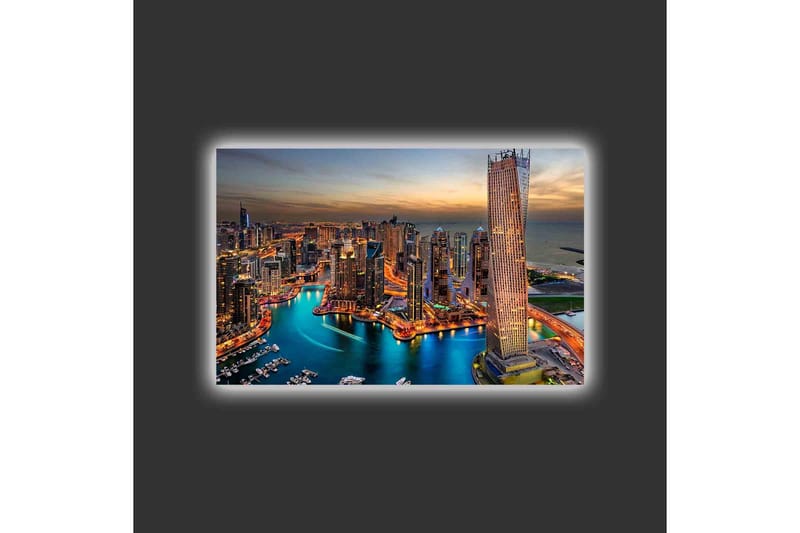 Lerretsbilde med LED-belysning - Storslått utsikt over en moderne by med glitrende skyskrapere og en svingete elv - Blå / Oransje / Grå - Interiør - Maleri & posters - Lerretsbilder