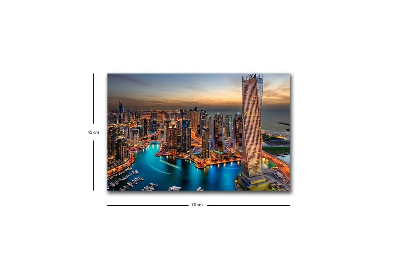 Lerretsbilde med LED-belysning - Storslått utsikt over en moderne by med glitrende skyskrapere og en svingete elv - Blå / Oransje / Grå - Interiør - Maleri & posters - Lerretsbilder