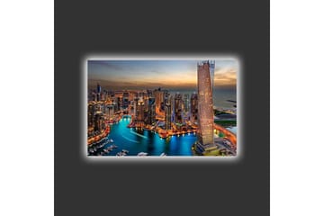 Lerretsbilde med LED-belysning - Storslått utsikt over en moderne by med glitrende skyskrapere og en svingete elv - Blå / Oransje / Grå - Interiør - Maleri & posters - Lerretsbilder
