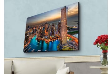 Lerretsbilde med LED-belysning - Storslått utsikt over en moderne by med glitrende skyskrapere og en svingete elv - Blå / Oransje / Grå - Interiør - Maleri & posters - Lerretsbilder