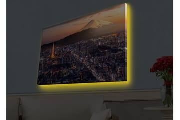 Lerretsbilde med LED-belysning - Storslått utsikt over Tokyo med Fuji-fjellet i bakgrunnen ved solnedgang - Blå / Oransje / Hvit - Interiør - Maleri & posters - Lerretsbilder