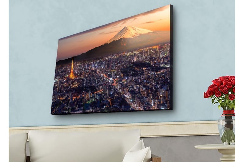 Lerretsbilde med LED-belysning - Storslått utsikt over Tokyo med Fuji-fjellet i bakgrunnen ved solnedgang - Blå / Oransje / Hvit - Interiør - Maleri & posters - Lerretsbilder