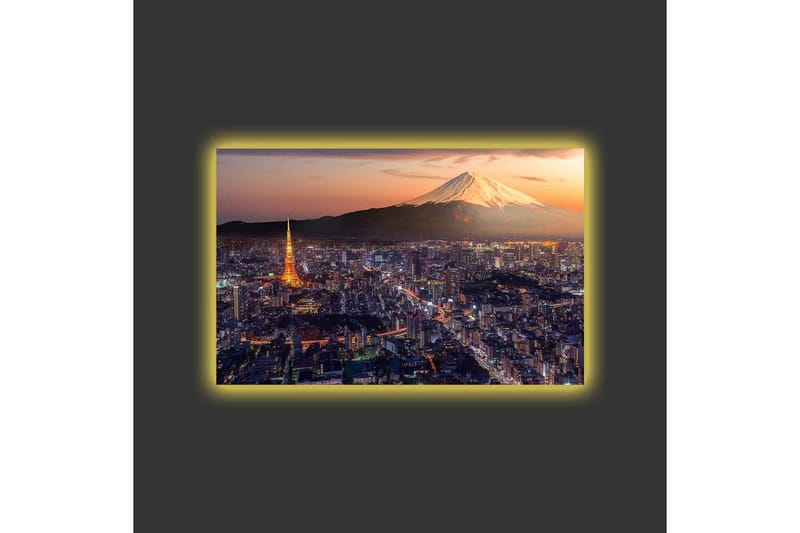 Lerretsbilde med LED-belysning - Storslått utsikt over Tokyo med Fuji-fjellet i bakgrunnen ved solnedgang - Blå / Oransje / Hvit - Interiør - Maleri & posters - Lerretsbilder