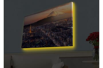 Lerretsbilde med LED-belysning - Storslått utsikt over Tokyo med Fuji-fjellet i bakgrunnen ved solnedgang - Blå / Oransje / Hvit - Interiør - Maleri & posters - Lerretsbilder