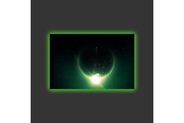 Lerretsbilde med LED-belysning - Storslått planet med lysstråler som strekker seg ut i verdensrommet - Mørkegrønn / Svart / Lysegrønn - Interiør - Maleri & posters - Lerretsbilder