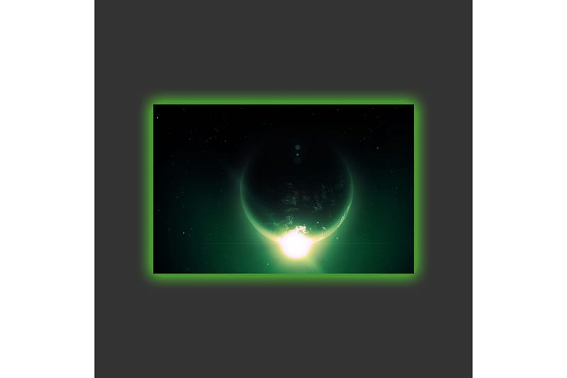 Lerretsbilde med LED-belysning - Storslått planet med lysstråler som strekker seg ut i verdensrommet - Mørkegrønn / Svart / Lysegrønn - Interiør - Maleri & posters - Lerretsbilder