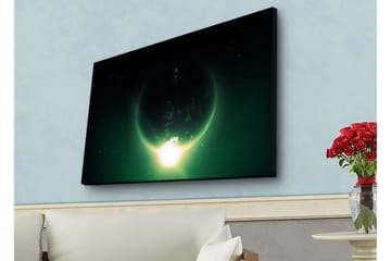 Lerretsbilde med LED-belysning - Storslått planet med lysstråler som strekker seg ut i verdensrommet - Mørkegrønn / Svart / Lysegrønn - Interiør - Maleri & posters - Lerretsbilder
