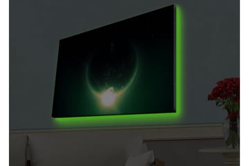 Lerretsbilde med LED-belysning - Storslått planet med lysstråler som strekker seg ut i verdensrommet - Mørkegrønn / Svart / Lysegrønn - Interiør - Maleri & posters - Lerretsbilder