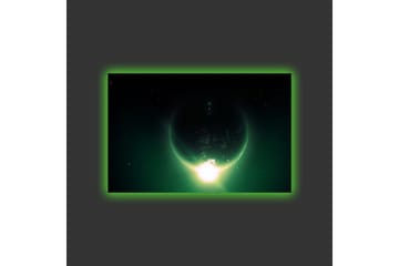 Lerretsbilde med LED-belysning - Storslått planet med lysstråler som strekker seg ut i verdensrommet - Mørkegrønn / Svart / Lysegrønn - Interiør - Maleri & posters - Lerretsbilder
