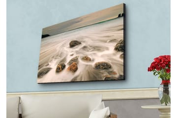 Lerretsbilde med LED-belysning - Strandscene med myke bølger som omslutter steiner - Grå / Beige / Svart - Interiør - Maleri & posters - Lerretsbilder