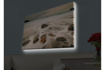 Lerretsbilde med LED-belysning - Strandscene med myke bølger som omslutter steiner - Grå / Beige / Svart - Interiør - Maleri & posters - Lerretsbilder