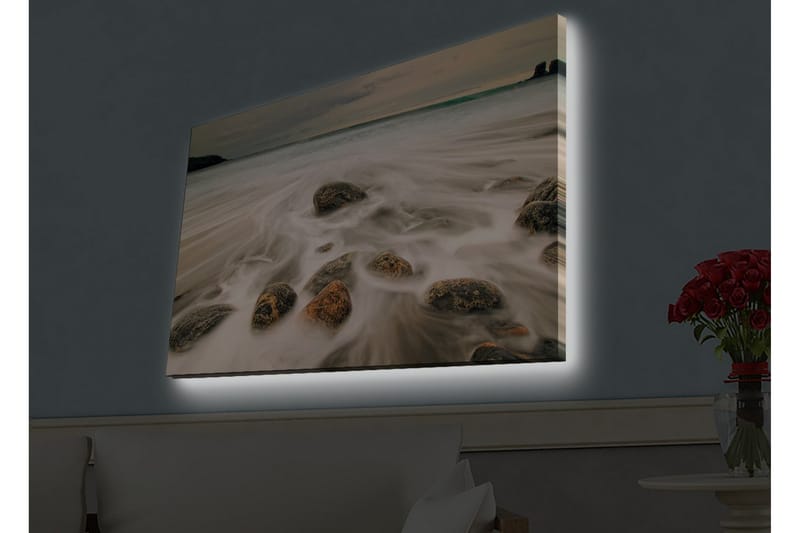 Lerretsbilde med LED-belysning - Strandscene med myke bølger som omslutter steiner - Grå / Beige / Svart - Interiør - Maleri & posters - Lerretsbilder