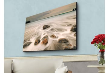 Lerretsbilde med LED-belysning - Strandscene med myke bølger som omslutter steiner - Grå / Beige / Svart - Interiør - Maleri & posters - Lerretsbilder