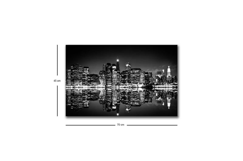 Lerretsbilde med LED-belysning - Svart-hvitt bysilhuett med refleksjoner i vannoverflaten - Svart / Hvit / Grå - Interiør - Maleri & posters - Lerretsbilder