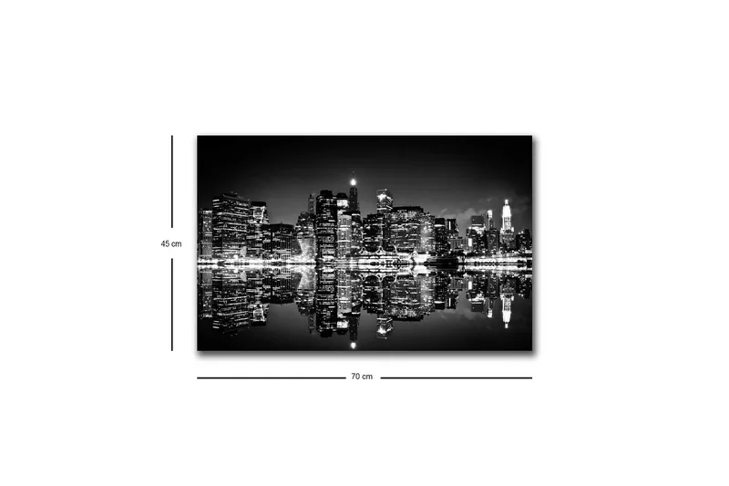 Lerretsbilde med LED-belysning - Svart-hvitt bysilhuett med refleksjoner i vannoverflaten - Svart / Hvit / Grå - Interiør - Maleri & posters - Lerretsbilder