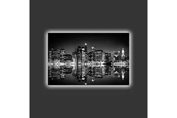 Lerretsbilde med LED-belysning - Svart-hvitt bysilhuett med refleksjoner i vannoverflaten - Svart / Hvit / Grå - Interiør - Maleri & posters - Lerretsbilder