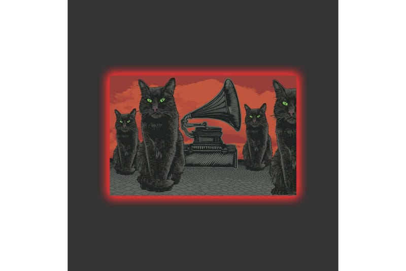Lerretsbilde med LED-belysning - Svart katt med grønne øyne foran en grammofon på rød bakgrunn - Svart / Rød / Grønn - Interiør - Maleri & posters - Lerretsbilder