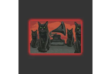 Lerretsbilde med LED-belysning - Svart katt med grønne øyne foran en grammofon på rød bakgrunn - Svart / Rød / Grønn - Interiør - Maleri & posters - Lerretsbilder