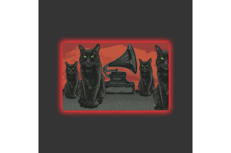Lerretsbilde med LED-belysning - Svart katt med grønne øyne foran en grammofon på rød bakgrunn - Svart / Rød / Grønn - Interiør - Maleri & posters - Lerretsbilder