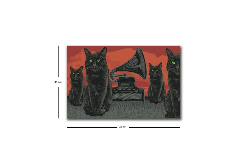Lerretsbilde med LED-belysning - Svart katt med grønne øyne foran en grammofon på rød bakgrunn - Svart / Rød / Grønn - Interiør - Maleri & posters - Lerretsbilder