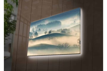 Lerretsbilde med LED-belysning - Tåke over bølgende landskap med ensomme trær - Grå / Blå / Beige - Interiør - Maleri & posters - Lerretsbilder