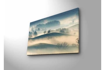 Lerretsbilde med LED-belysning - Tåke over bølgende landskap med ensomme trær - Grå / Blå / Beige - Interiør - Maleri & posters - Lerretsbilder