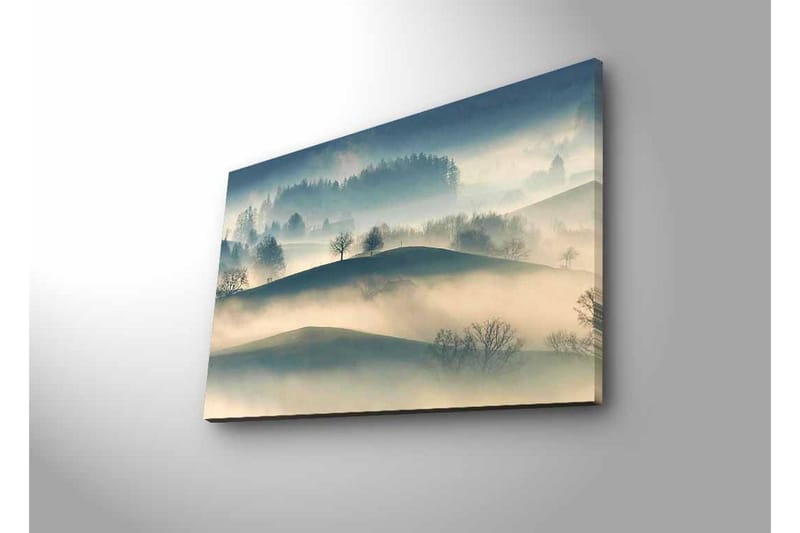 Lerretsbilde med LED-belysning - Tåke over bølgende landskap med ensomme trær - Grå / Blå / Beige - Interiør - Maleri & posters - Lerretsbilder