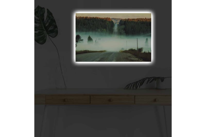 Lerretsbilde med LED-belysning - Tåke over en vei omgitt av skog og fjell i bakgrunnen - Grønn / Blå / Oransje - Interiør - Maleri & posters - Lerretsbilder