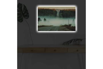 Lerretsbilde med LED-belysning - Tåke over en vei omgitt av skog og fjell i bakgrunnen - Grønn / Blå / Oransje - Interiør - Maleri & posters - Lerretsbilder